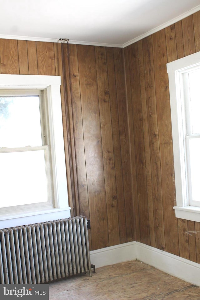 spare room featuring radiator, a healthy amount of sunlight, and wooden walls