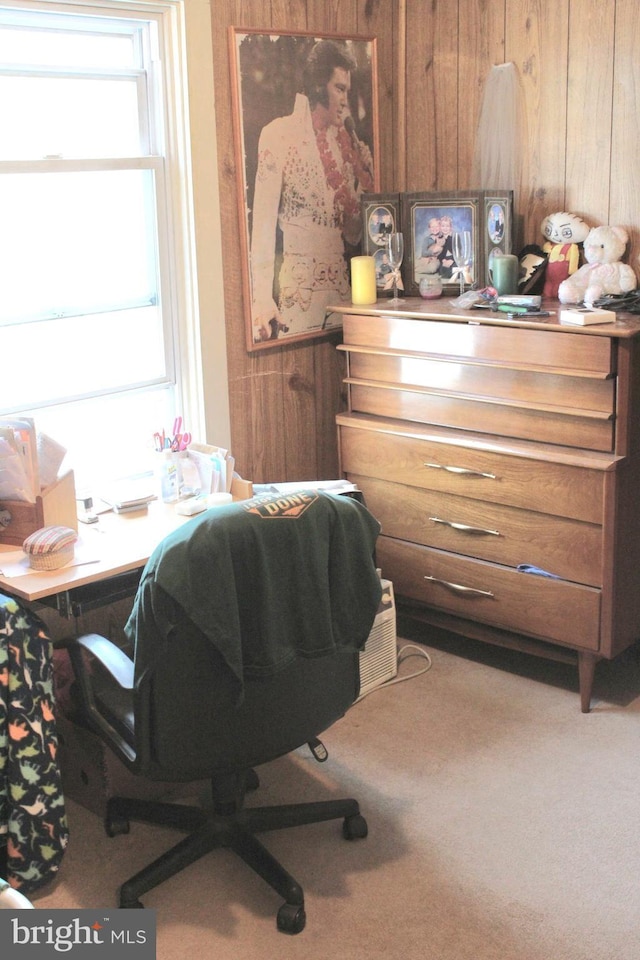 home office with wooden walls and carpet