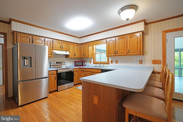 kitchen featuring kitchen peninsula, plenty of natural light, light wood-type flooring, and appliances with stainless steel finishes