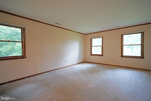 carpeted spare room with crown molding