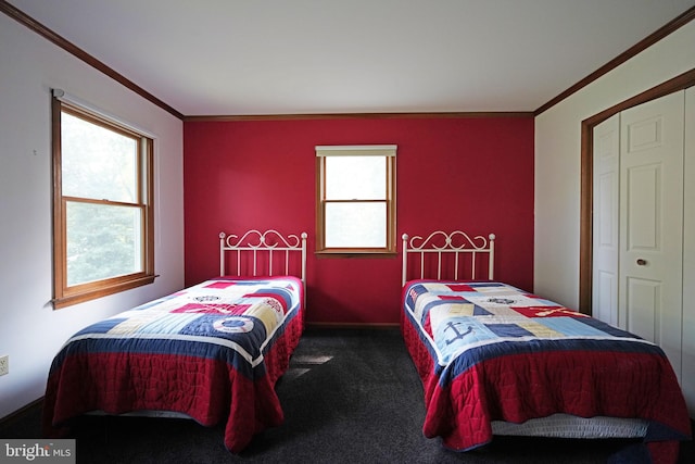 carpeted bedroom featuring a closet, multiple windows, and crown molding