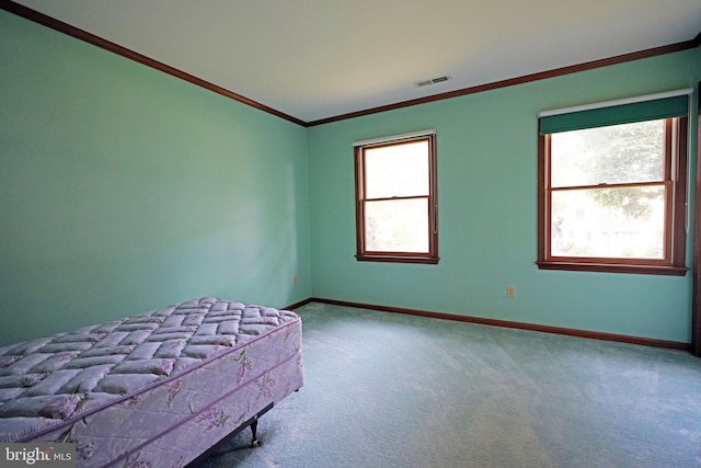 unfurnished bedroom with crown molding and carpet floors