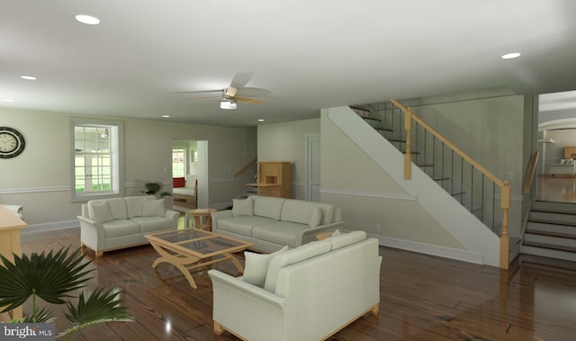 living room featuring ceiling fan and dark hardwood / wood-style flooring