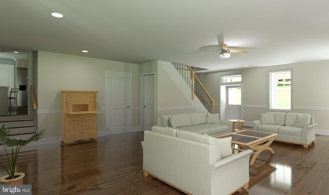 living room with dark hardwood / wood-style floors and ceiling fan