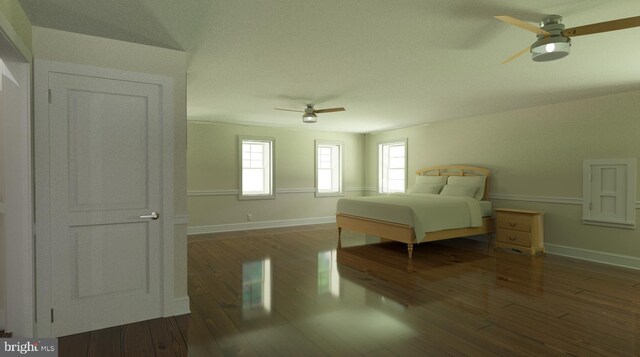 bedroom with dark wood-type flooring and ceiling fan