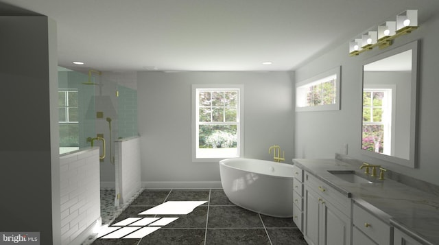 bathroom with shower with separate bathtub and vanity