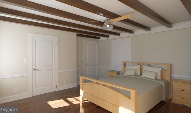 bedroom with ceiling fan, dark hardwood / wood-style floors, and beamed ceiling