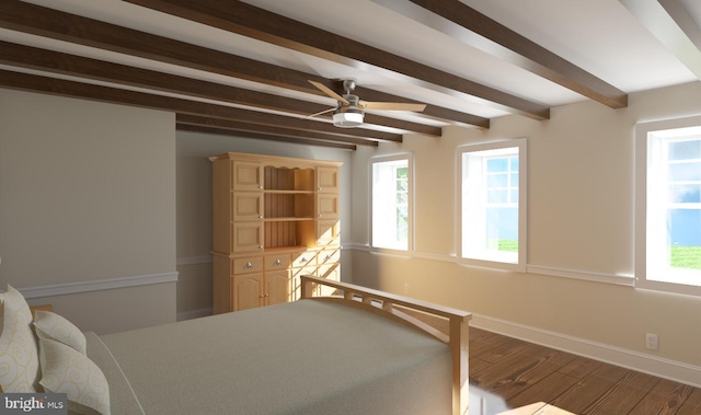 bedroom featuring hardwood / wood-style flooring and beamed ceiling