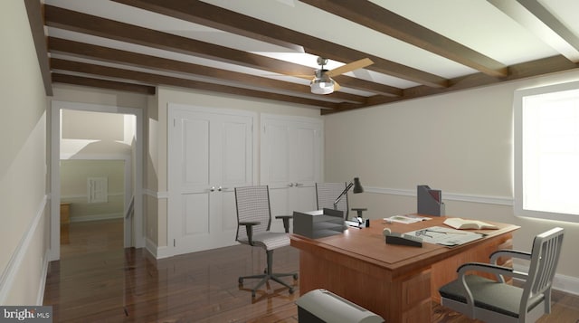 office area featuring dark wood-type flooring, ceiling fan, and beamed ceiling