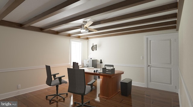 office area with beamed ceiling, dark hardwood / wood-style floors, and ceiling fan