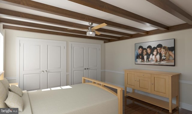 bedroom featuring hardwood / wood-style floors, beam ceiling, and ceiling fan