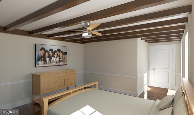 bedroom with beam ceiling and hardwood / wood-style floors