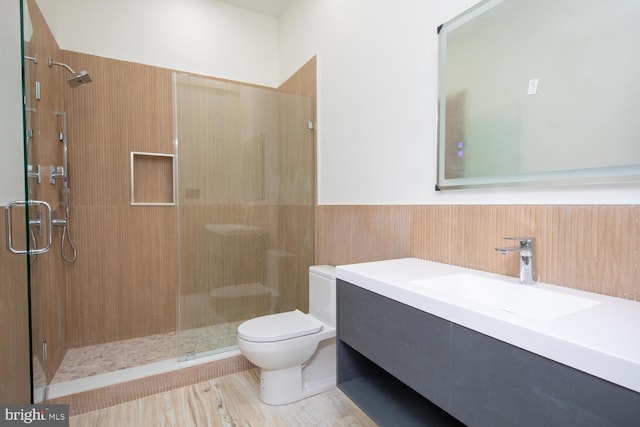 bathroom featuring toilet, vanity, and walk in shower