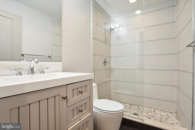 bathroom with vanity, toilet, and walk in shower