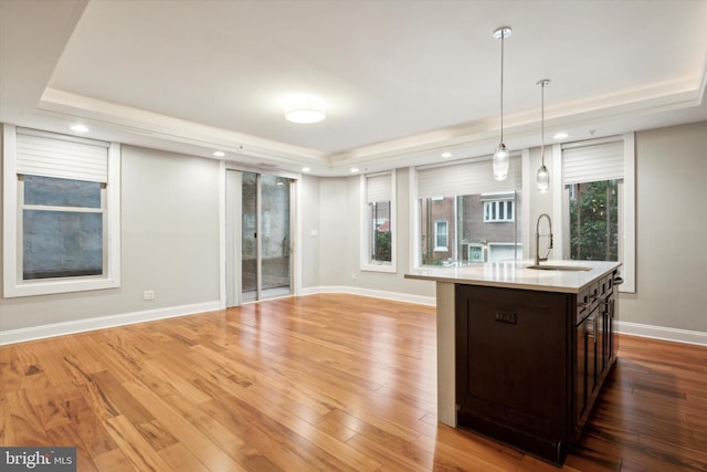 kitchen with pendant lighting, an island with sink, a raised ceiling, light wood-type flooring, and dark brown cabinets