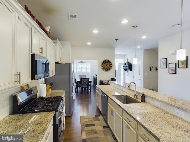 kitchen with dark hardwood / wood-style floors, sink, stainless steel appliances, and light stone counters