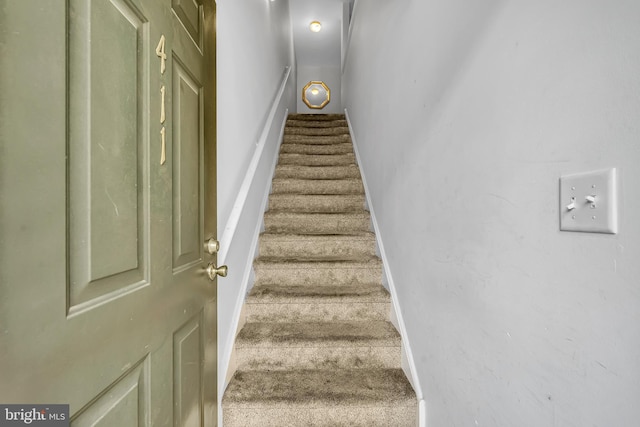 stairway featuring carpet flooring