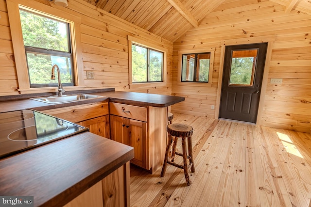 kitchen with vaulted ceiling with beams, light wood-style flooring, wood walls, a sink, and a peninsula