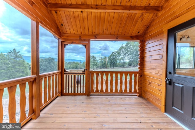 bedroom with beam ceiling, wood ceiling, wood walls, a sauna, and wood finished floors