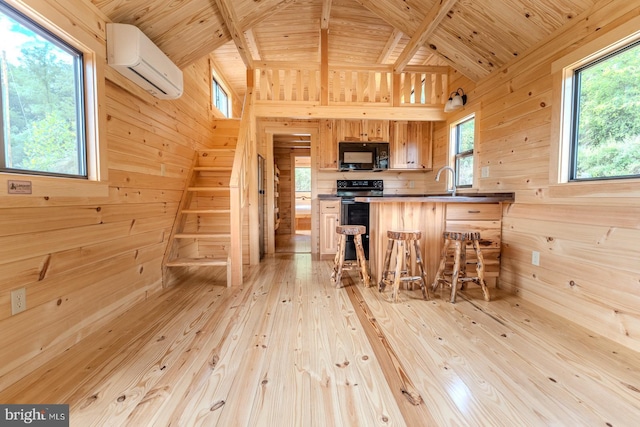 kitchen featuring light wood-style flooring, wood walls, a sink, wood ceiling, and black appliances