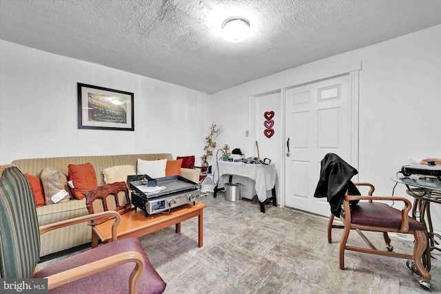 living room with a textured ceiling