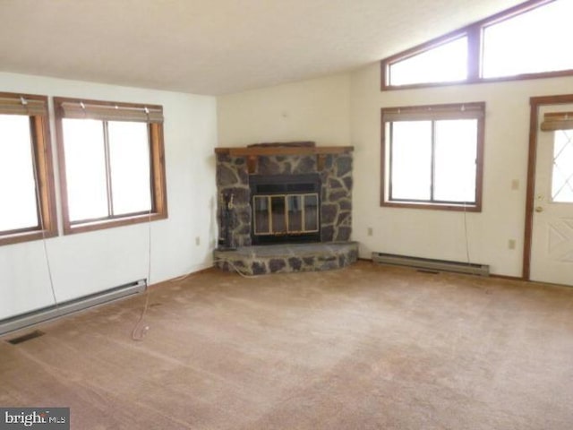 unfurnished living room featuring a fireplace, a baseboard radiator, vaulted ceiling, and light colored carpet