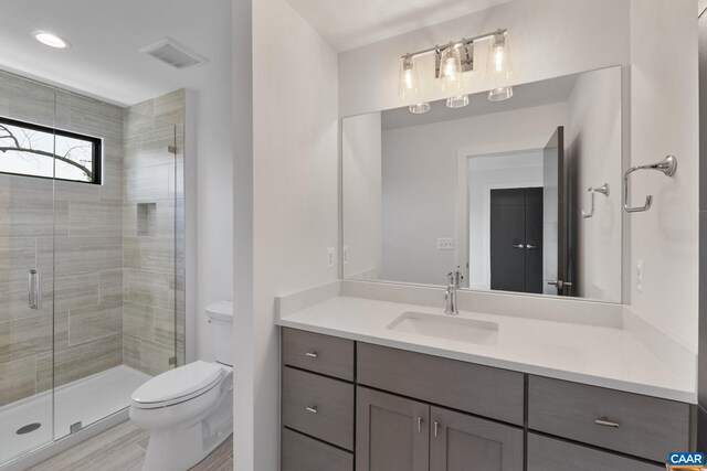 bathroom with vanity, toilet, and a shower with shower door