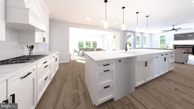 kitchen with white cabinetry, a healthy amount of sunlight, and a kitchen island with sink