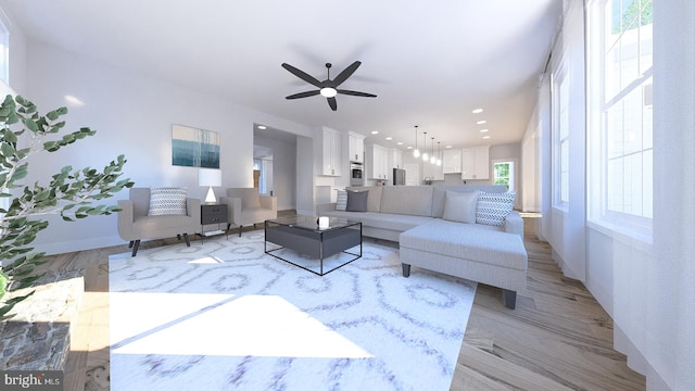 living room with ceiling fan and light hardwood / wood-style flooring