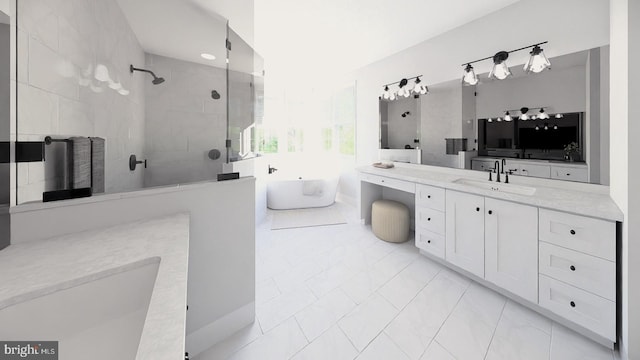 bathroom featuring vanity, tile patterned floors, and plus walk in shower