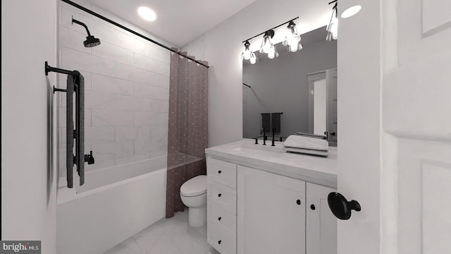 full bathroom with vanity, toilet, and shower / bathtub combination with curtain