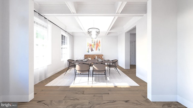 unfurnished dining area with dark hardwood / wood-style flooring, beamed ceiling, and a notable chandelier