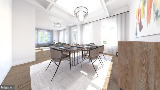 dining room with beamed ceiling and wood-type flooring