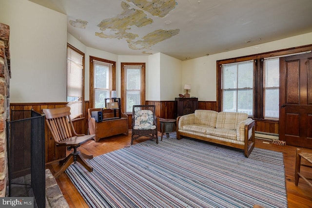 living area with wood-type flooring, a baseboard heating unit, and a wealth of natural light