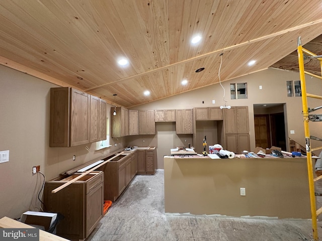 kitchen with high vaulted ceiling, pendant lighting, and wooden ceiling