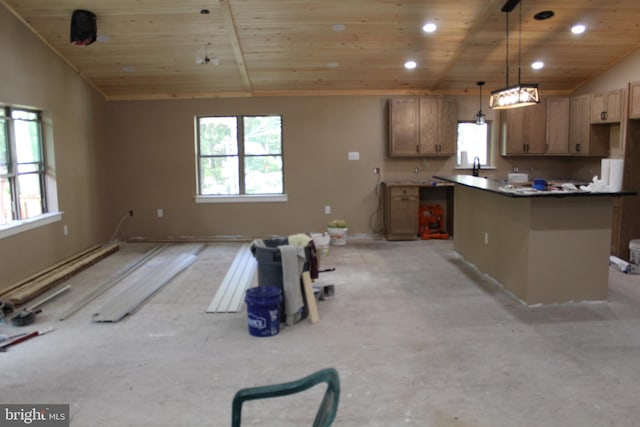 kitchen featuring wooden ceiling, vaulted ceiling, decorative light fixtures, and sink