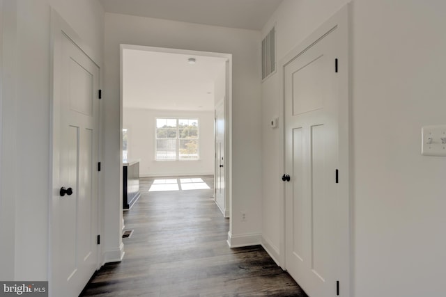 hallway with dark hardwood / wood-style flooring