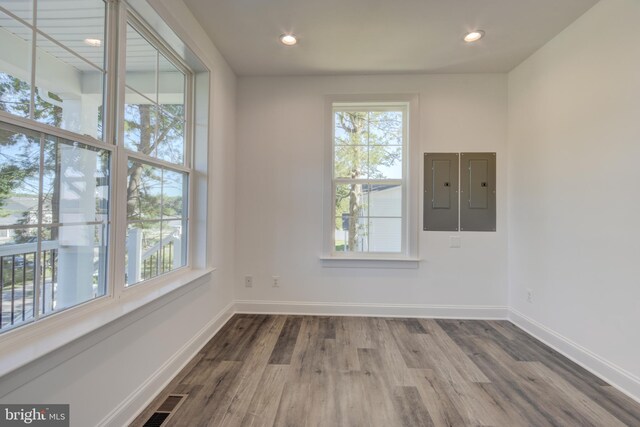 spare room featuring hardwood / wood-style floors and electric panel