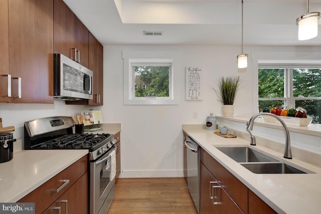 kitchen with sink, appliances with stainless steel finishes, hanging light fixtures, light hardwood / wood-style floors, and a healthy amount of sunlight