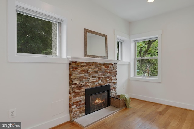 room details with hardwood / wood-style floors and a stone fireplace