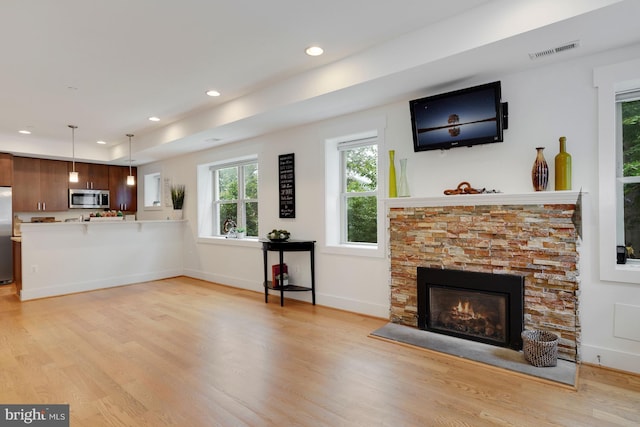 living room featuring a fireplace and light hardwood / wood-style flooring