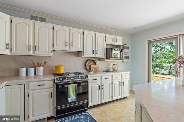 kitchen with crown molding, black electric range, light tile patterned floors, decorative backsplash, and white cabinets