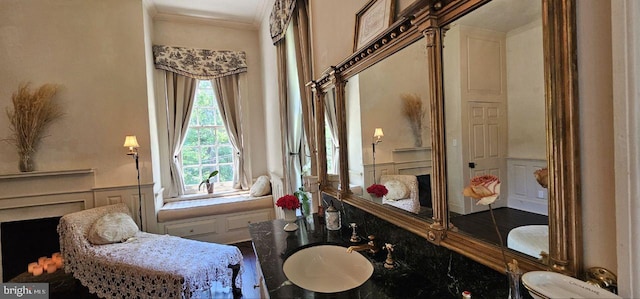 sitting room with ornamental molding and sink