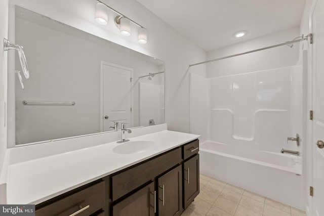 bathroom with vanity, tub / shower combination, and tile patterned floors