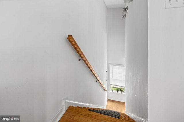 staircase with hardwood / wood-style floors