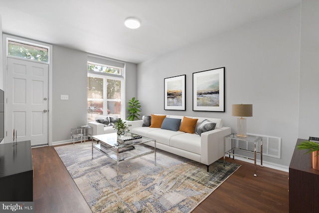 living room with dark wood-type flooring