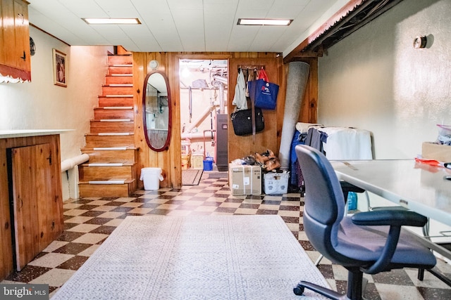 tiled office with wooden walls