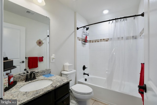 full bathroom with shower / tub combo, tile patterned floors, toilet, and vanity