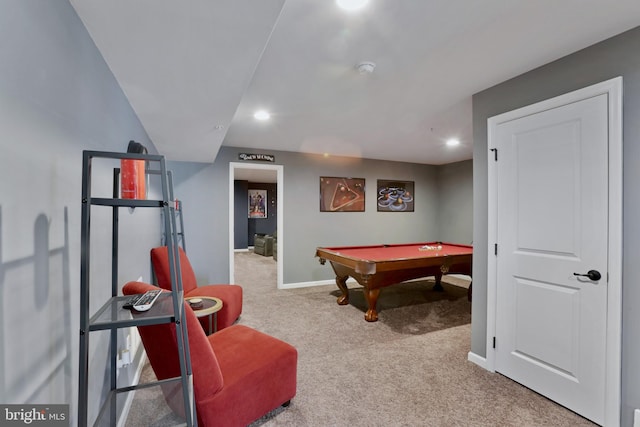 recreation room with pool table and carpet floors