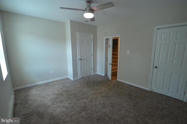 unfurnished bedroom featuring carpet floors and ceiling fan